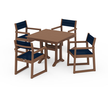 POLYWOOD® EDGE Sling 5-Piece Farmhouse Dining Set with Trestle Legs in Teak / Navy Blue Sling