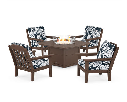 Country Living Cottage 5-Piece Deep Seating Set with Fire Pit Table in Mahogany / Leaf Marine Indigo