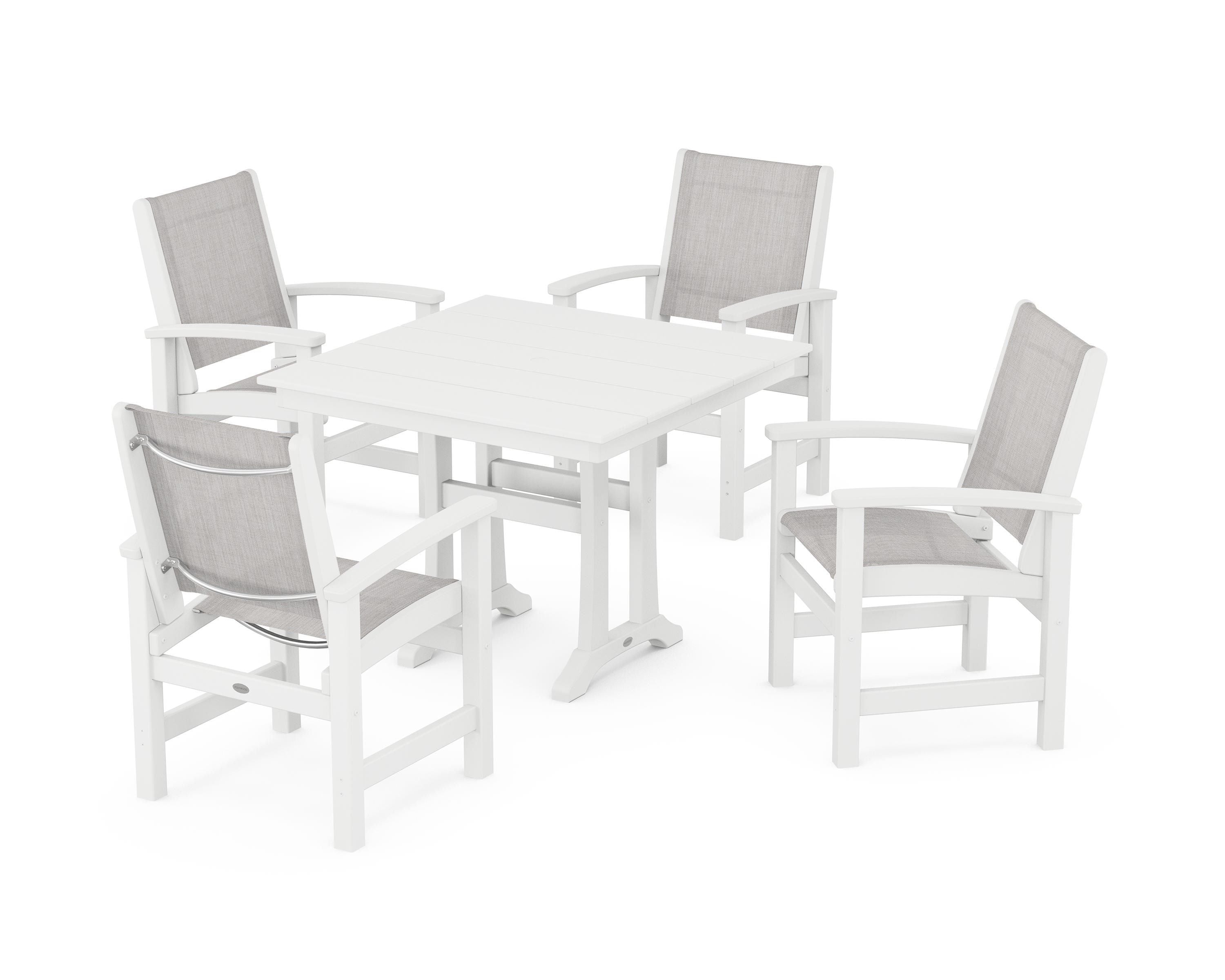 POLYWOOD® Coastal 5-Piece Farmhouse Dining Set With Trestle Legs in White / Parchment Sling