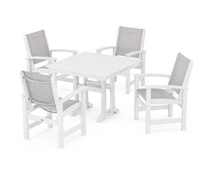 POLYWOOD® Coastal 5-Piece Farmhouse Dining Set With Trestle Legs in White / Parchment Sling