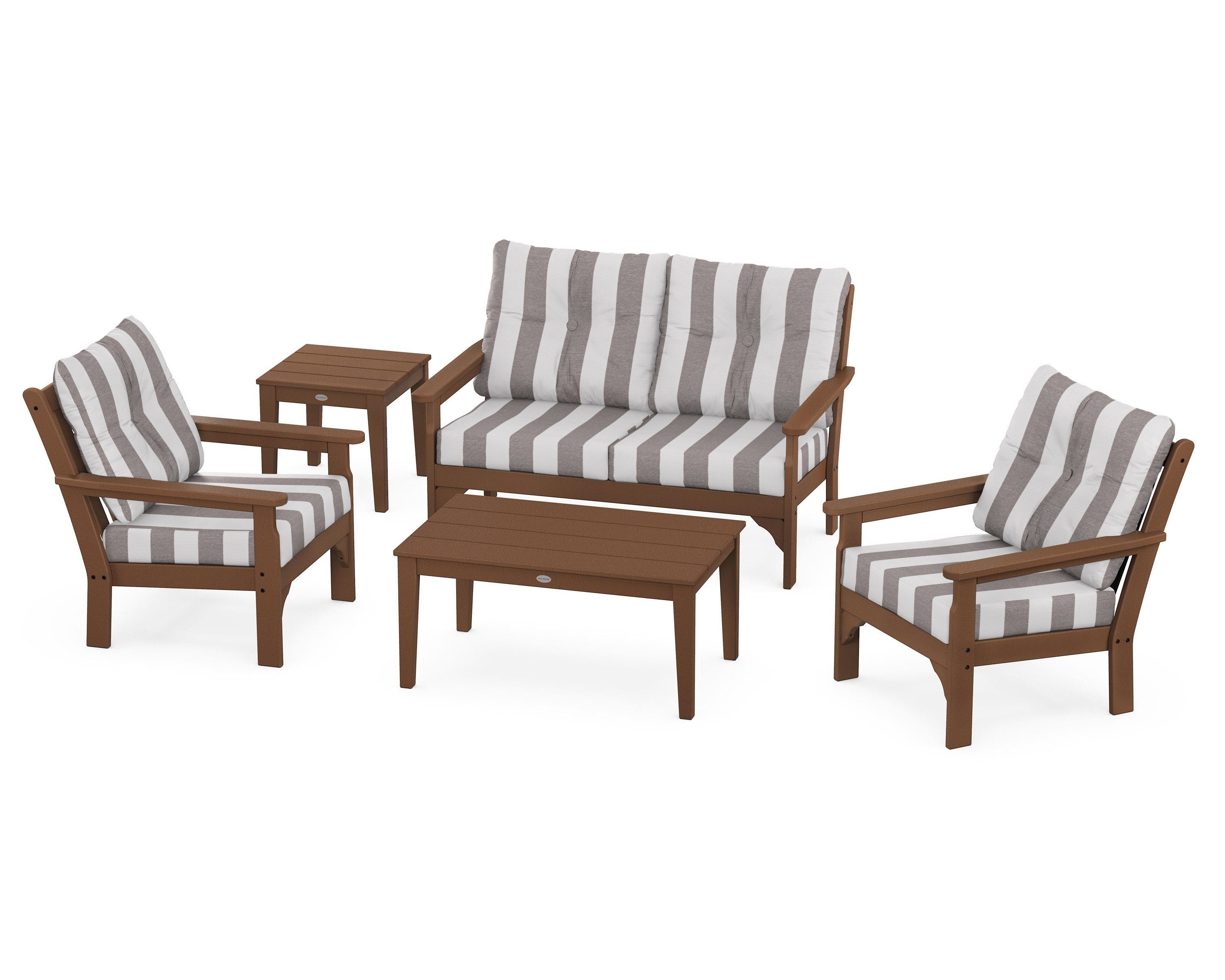 POLYWOOD® Vineyard 5-Piece Deep Seating Set in Teak / Cabana Stripe Grey Mist