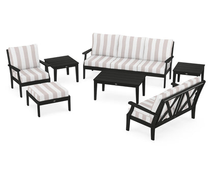 POLYWOOD® Braxton 7-Piece Deep Seating Set in Black / Cabana Stripe Dune Burlap