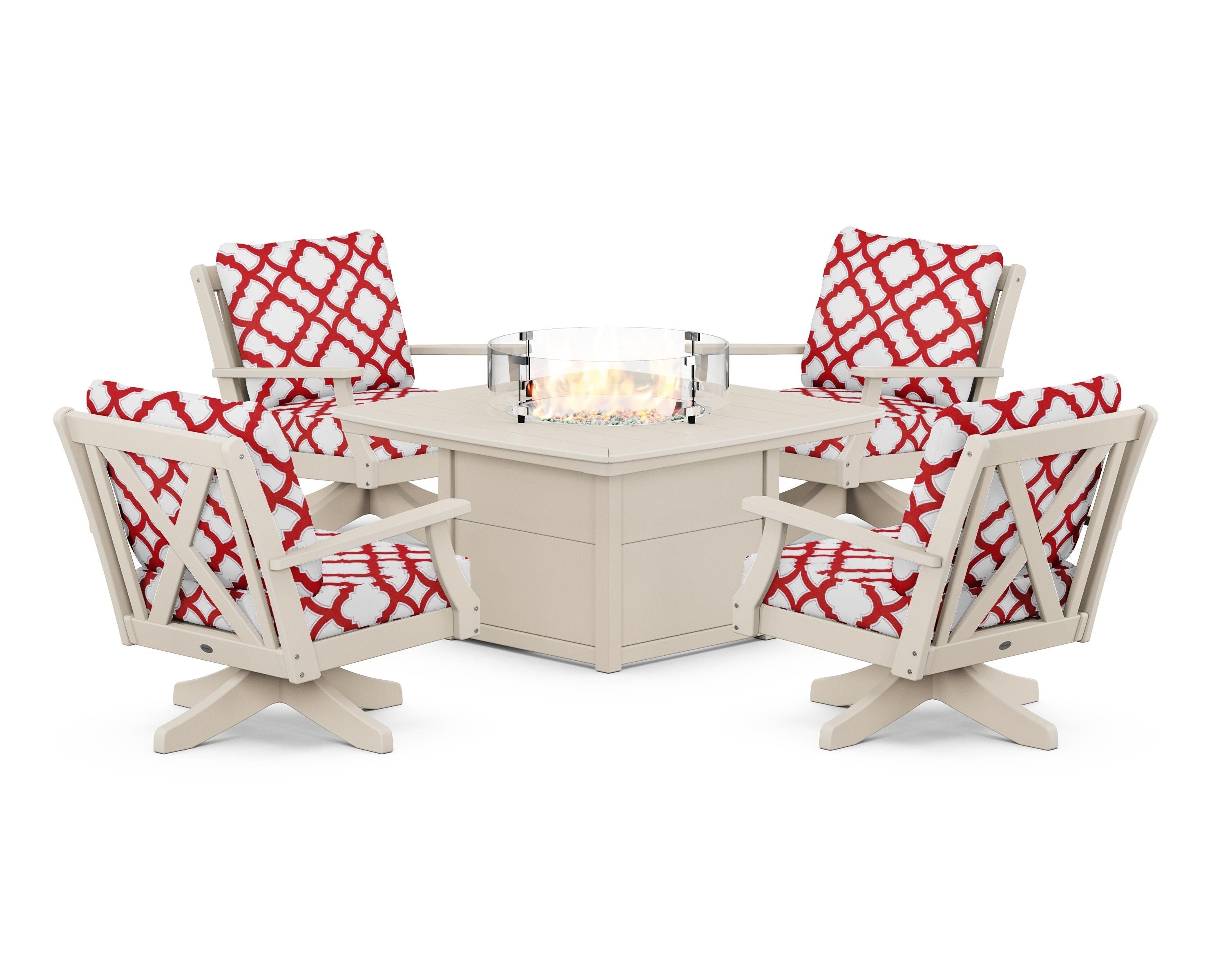 POLYWOOD® Braxton 5-Piece Deep Seating Swivel Conversation Set with Fire Pit Table in Sand / Trellis Crimson