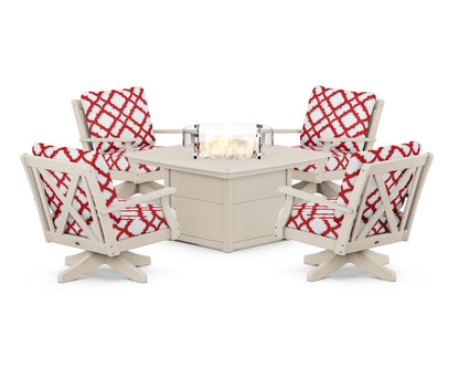 POLYWOOD® Braxton 5-Piece Deep Seating Swivel Conversation Set with Fire Pit Table in Sand / Trellis Crimson
