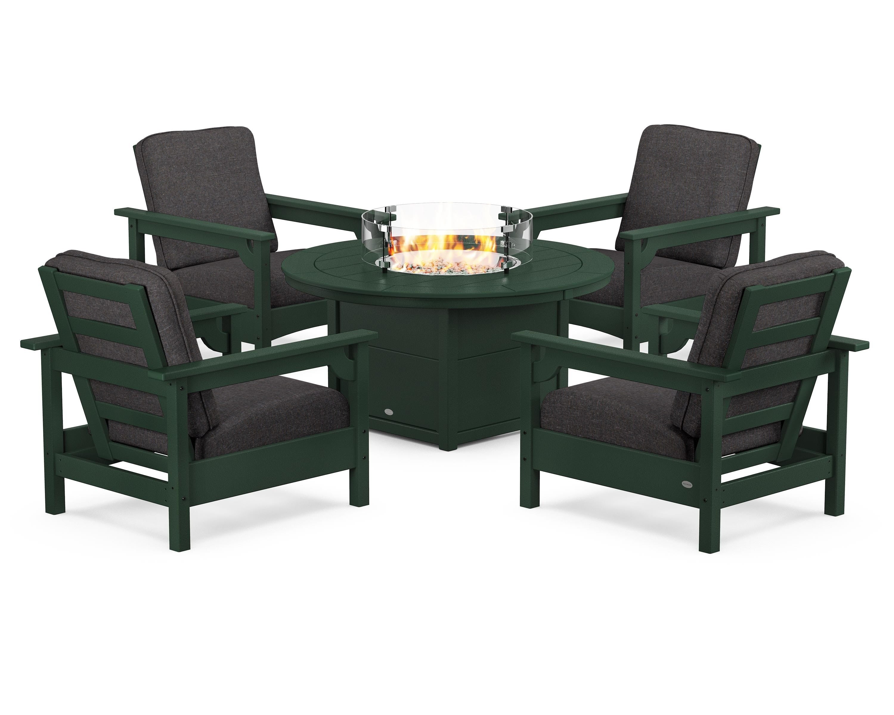 POLYWOOD® Club 5-Piece Conversation Set with Fire Pit Table in Green / Ash Charcoal