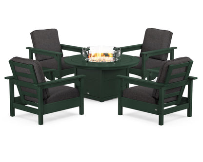 POLYWOOD® Club 5-Piece Conversation Set with Fire Pit Table in Green / Ash Charcoal