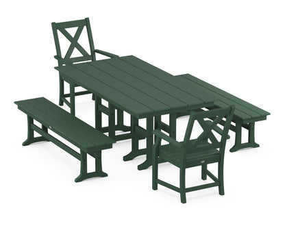 POLYWOOD® Braxton 5-Piece Farmhouse Dining Set with Benches in Green