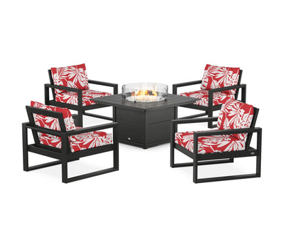 POLYWOOD® EDGE Sectional 5-Piece Deep Seating Set with Fire Pit Table in Black / Leaf Crimson