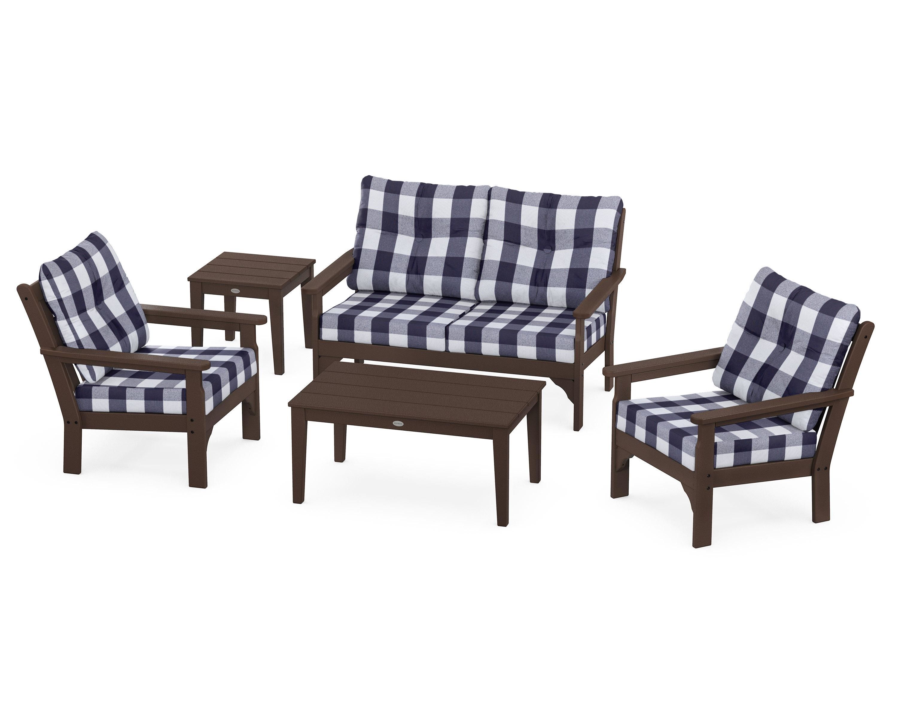 POLYWOOD® Vineyard 5-Piece Deep Seating Set in Mahogany / Buffalo Plaid Navy