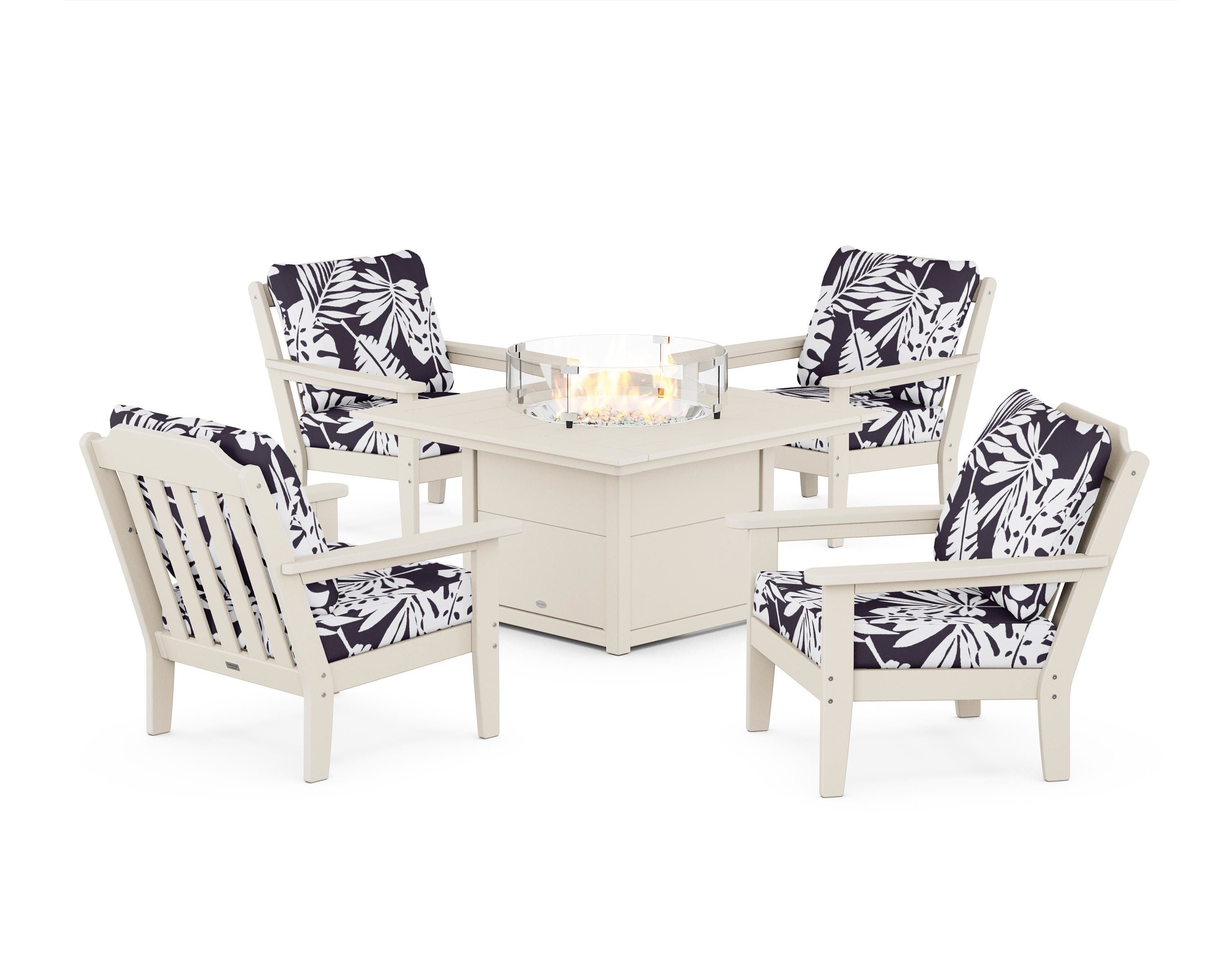 Country Living Cottage 5-Piece Deep Seating Set with Fire Pit Table in Sand / Leaf Navy
