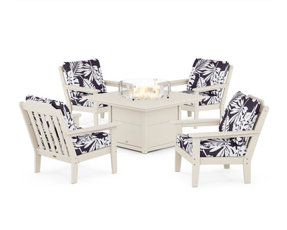 Country Living Cottage 5-Piece Deep Seating Set with Fire Pit Table in Sand / Leaf Navy