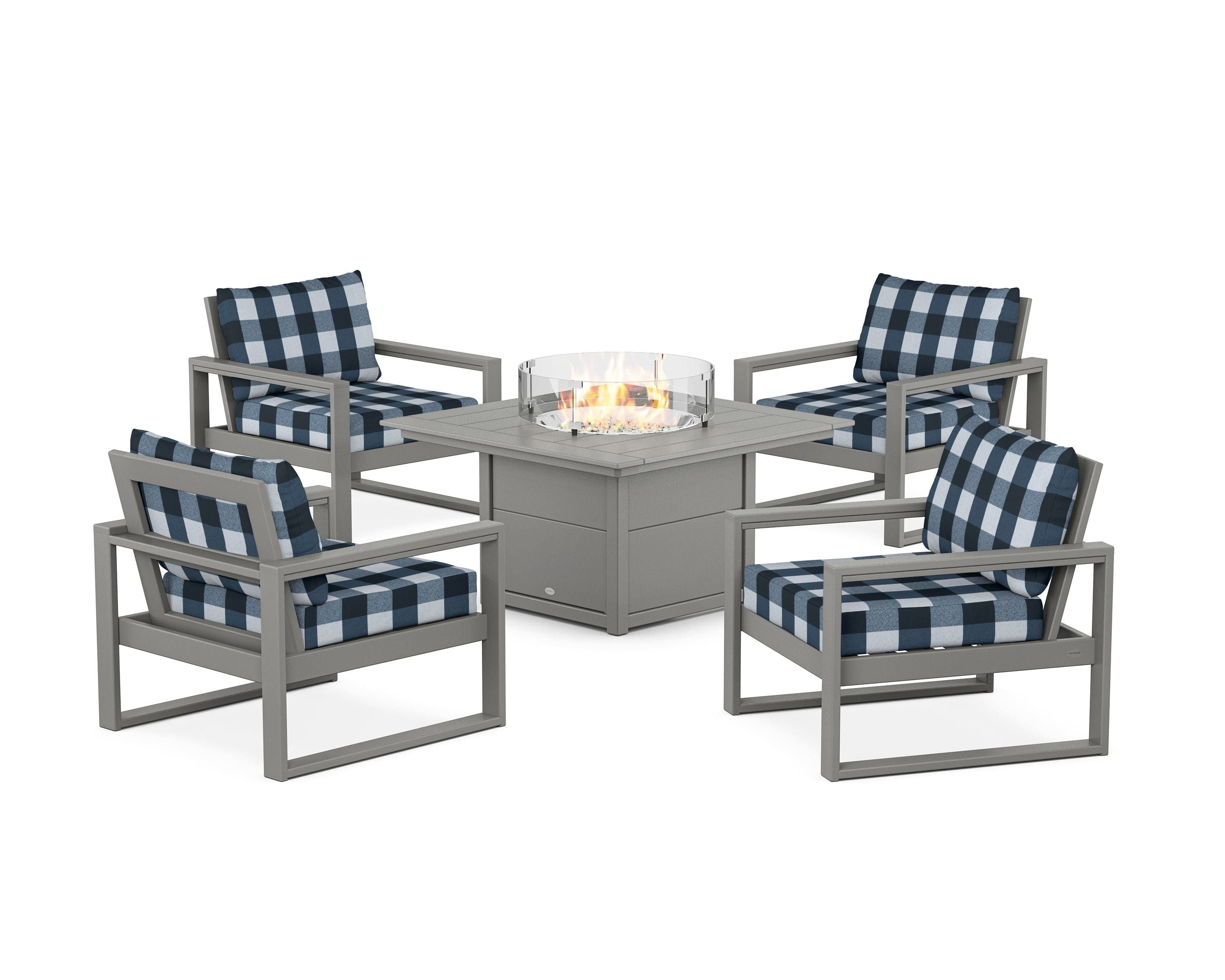 POLYWOOD® EDGE Sectional 5-Piece Deep Seating Set with Fire Pit Table in Slate Grey / Buffalo Plaid Marine Indigo