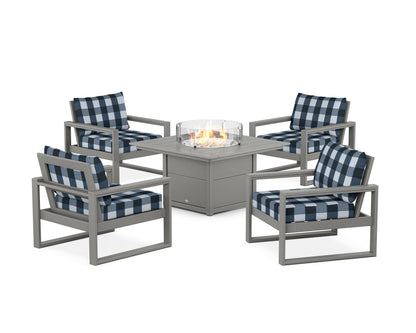 POLYWOOD® EDGE Sectional 5-Piece Deep Seating Set with Fire Pit Table in Slate Grey / Buffalo Plaid Marine Indigo