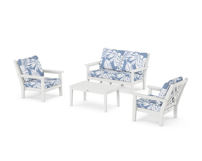 POLYWOOD® Chippendale 4-Piece Deep Seating Set with Loveseat in White / Leaf Sky Blue