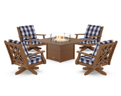 Country Living Wovendale 5-Piece Deep Seating Swivel Conversation Set with Fire Pit Table in Teak / Buffalo Plaid Navy