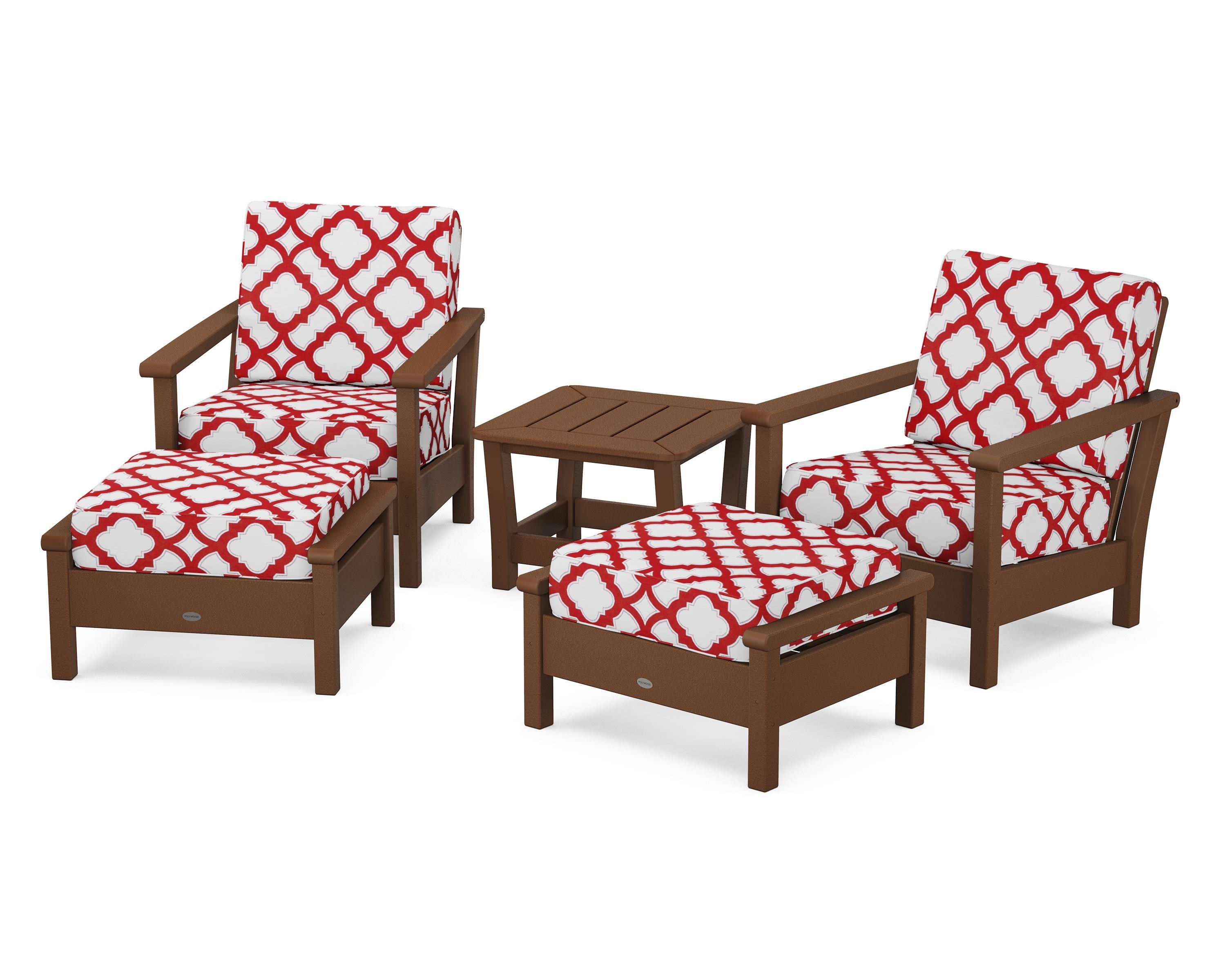 POLYWOOD® Harbour 5-Piece Deep Seating Chair Set in Teak / Trellis Crimson