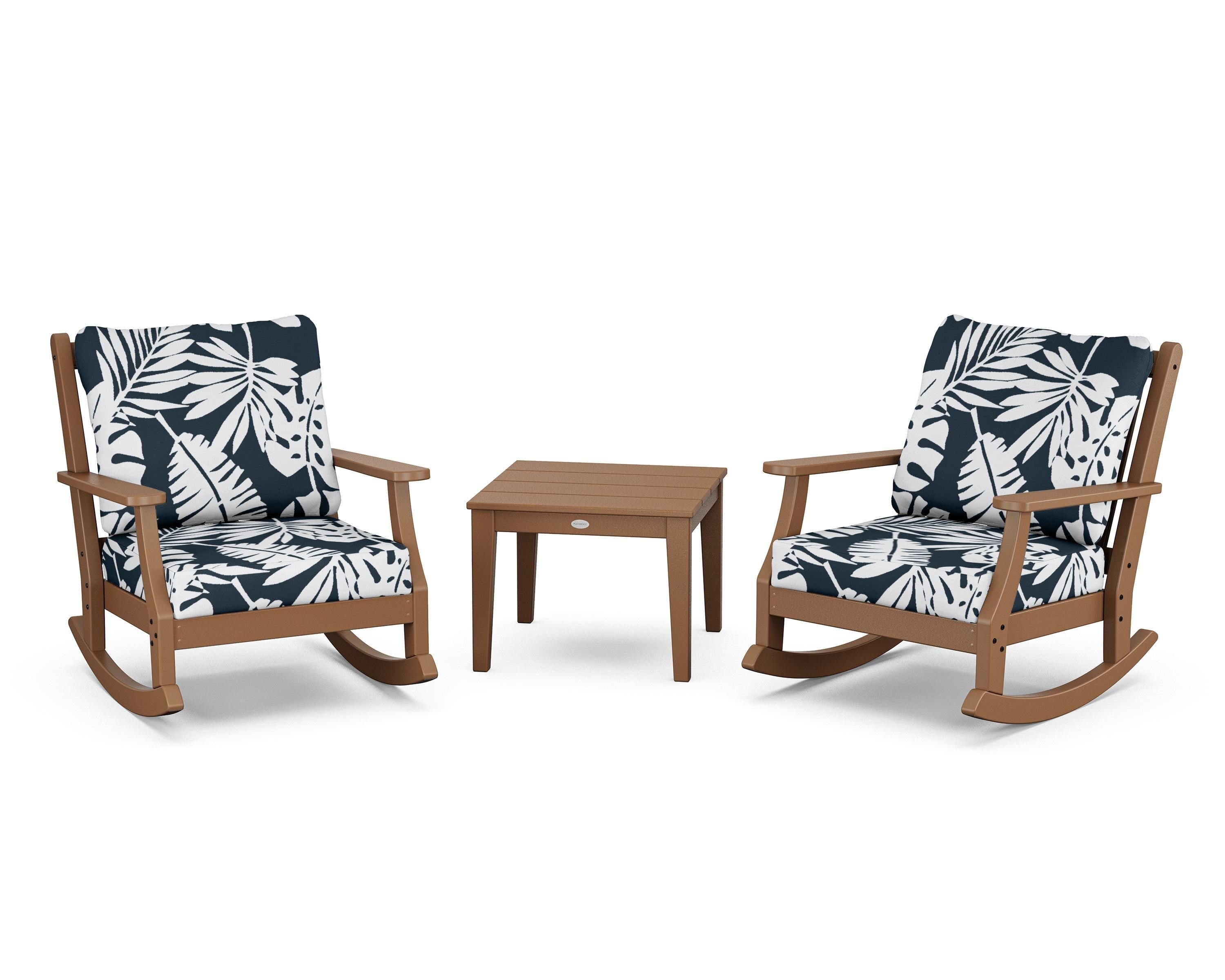 Country Living Wovendale 3-Piece Deep Seating Rocker Set in Teak / Leaf Marine Indigo