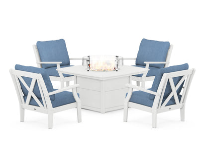 POLYWOOD® Braxton 5-Piece Deep Seating Conversation Set with Fire Pit Table in White / Sky Blue