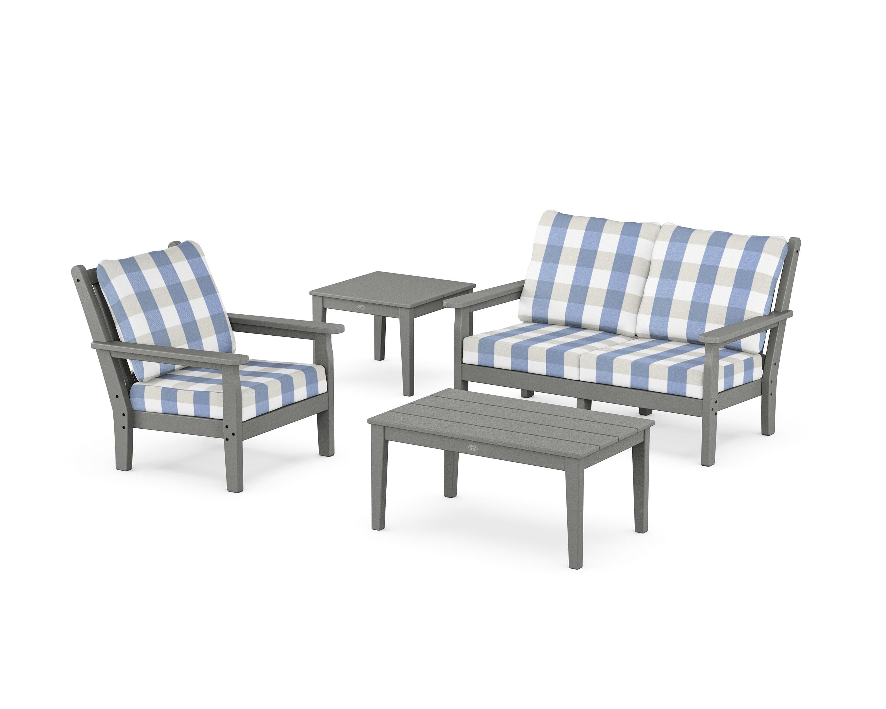 POLYWOOD® Chippendale 4-Piece Deep Seating Set in Slate Grey / Buffalo Plaid Sky Blue