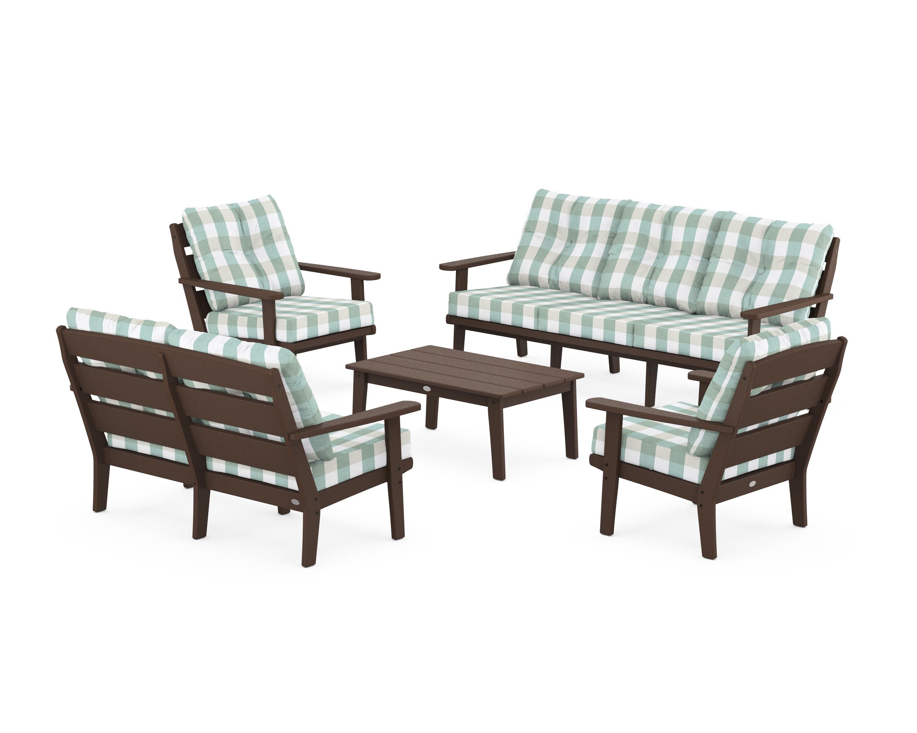 POLYWOOD® Lakeside 5-Piece Lounge Sofa Set in Mahogany / Buffalo Plaid Glacier Spa