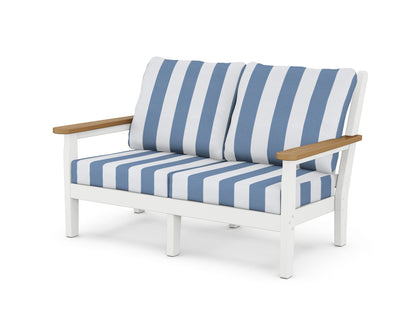 POLYWOOD® Chippendale Deep Seating Loveseat in White / Natural / Cabana Stripe Sky Blue