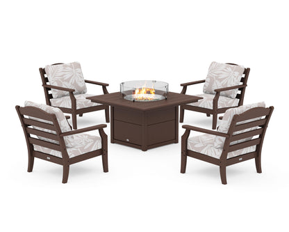 Draper James™ by  POLYWOOD® Savannah 5-Piece Deep Seating Set with Fire Pit Table in Mahogany / Leaf Dune Burlap