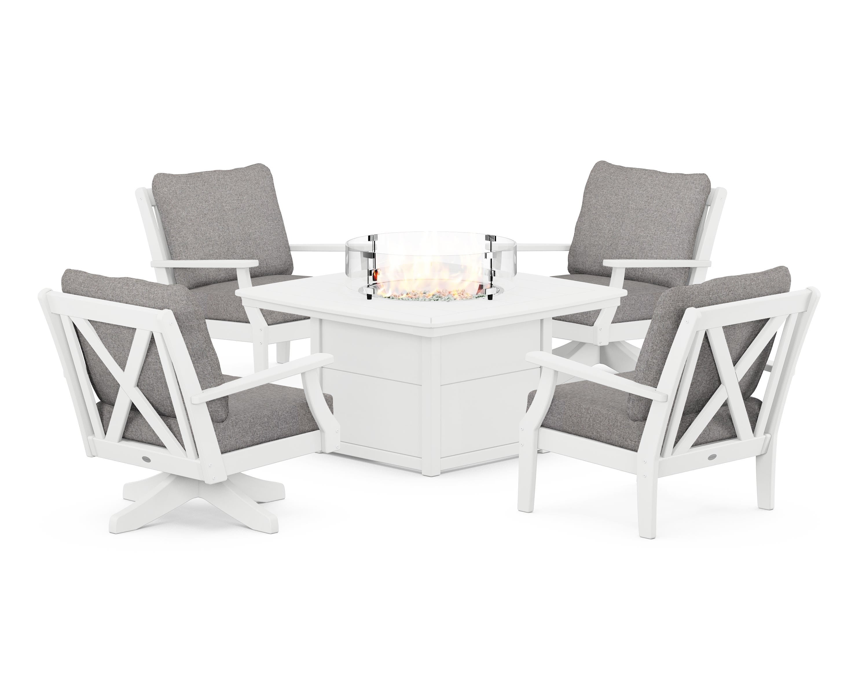 POLYWOOD® Braxton 5-Piece Deep Seating Set with Fire Table in White / Grey Mist