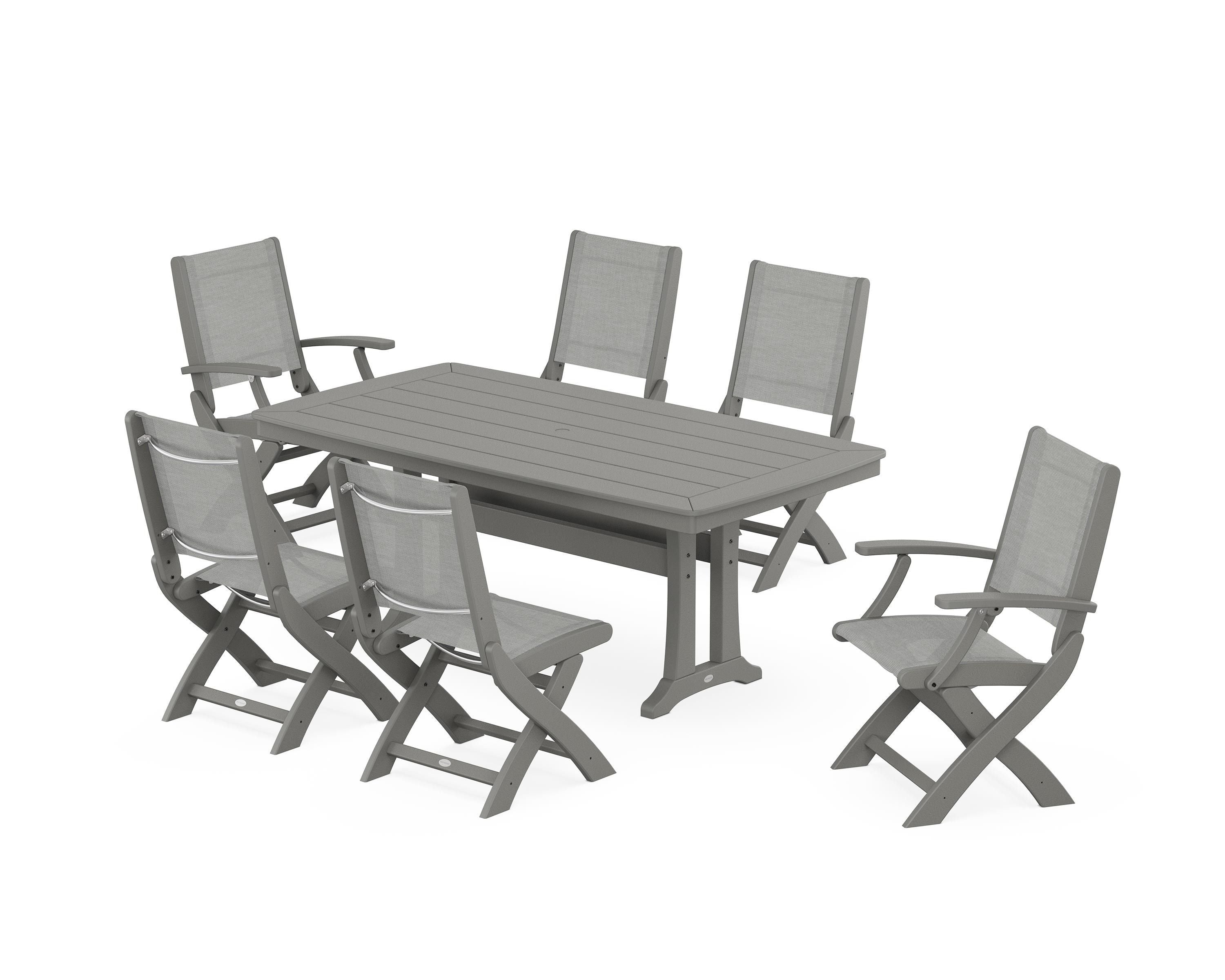 POLYWOOD® Coastal Folding Chair 7-Piece Dining Set with Trestle Legs in Slate Grey / Metallic Sling