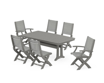 POLYWOOD® Coastal Folding Chair 7-Piece Dining Set with Trestle Legs in Slate Grey / Metallic Sling