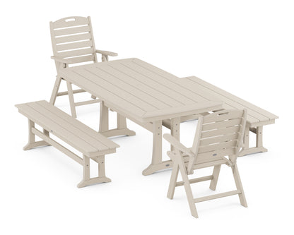 POLYWOOD® Nautical Folding Highback Chair 5-Piece Dining Set with Trestle Legs and Benches in Sand