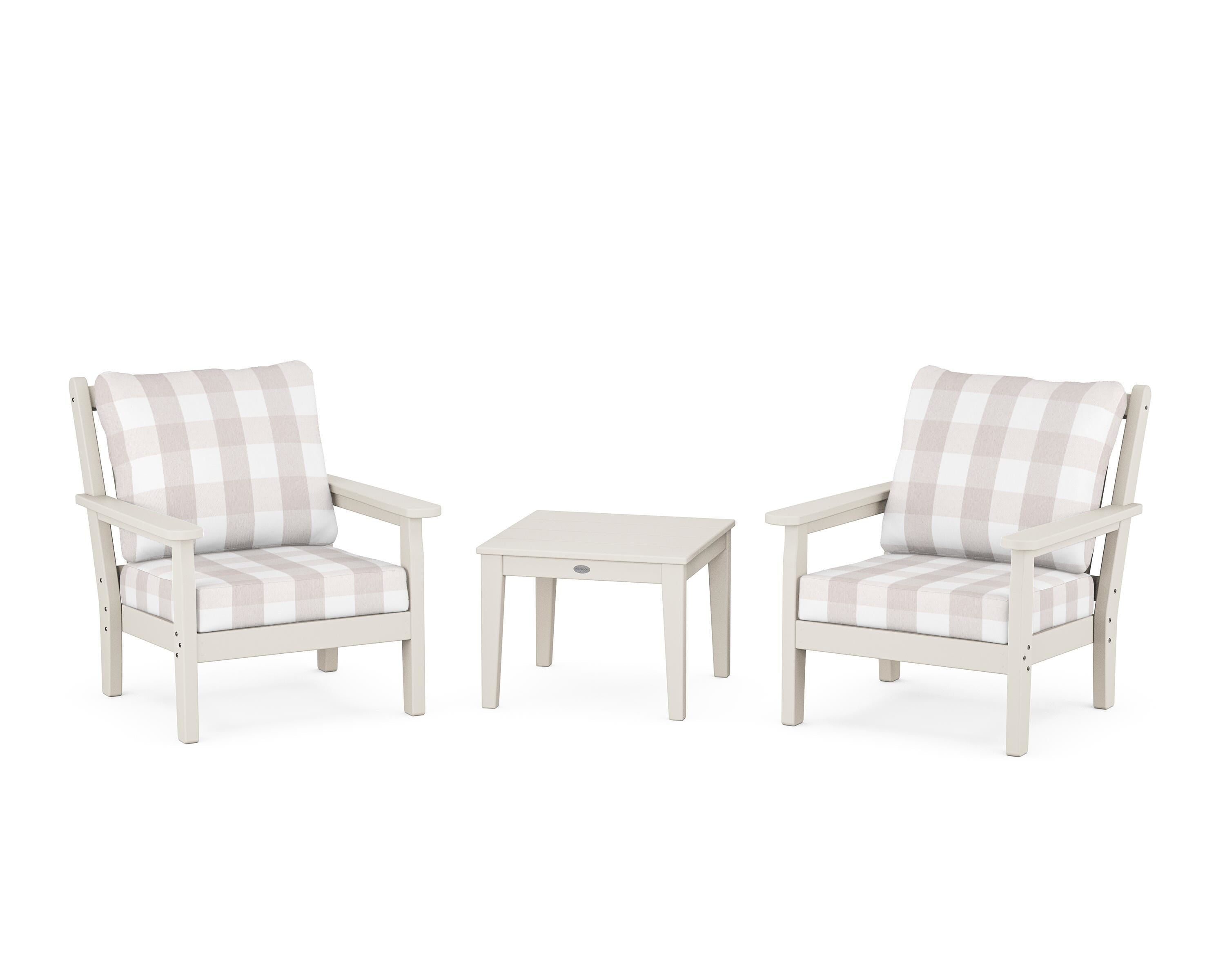 POLYWOOD® Chippendale 3-Piece Deep Seating Set in Sand / Buffalo Plaid Dune Burlap