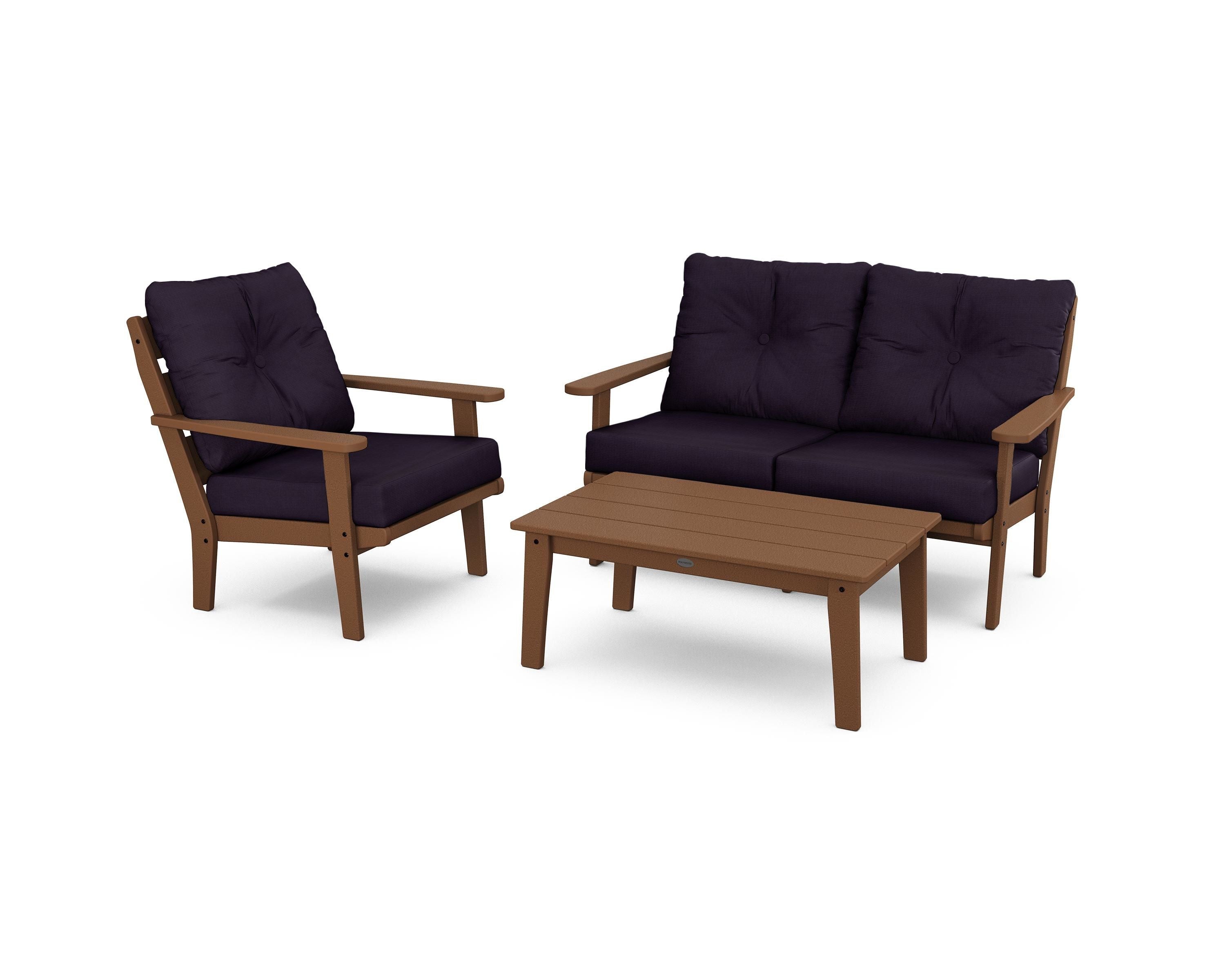 POLYWOOD® Lakeside 3-Piece Deep Seating Set in Teak / Navy Linen