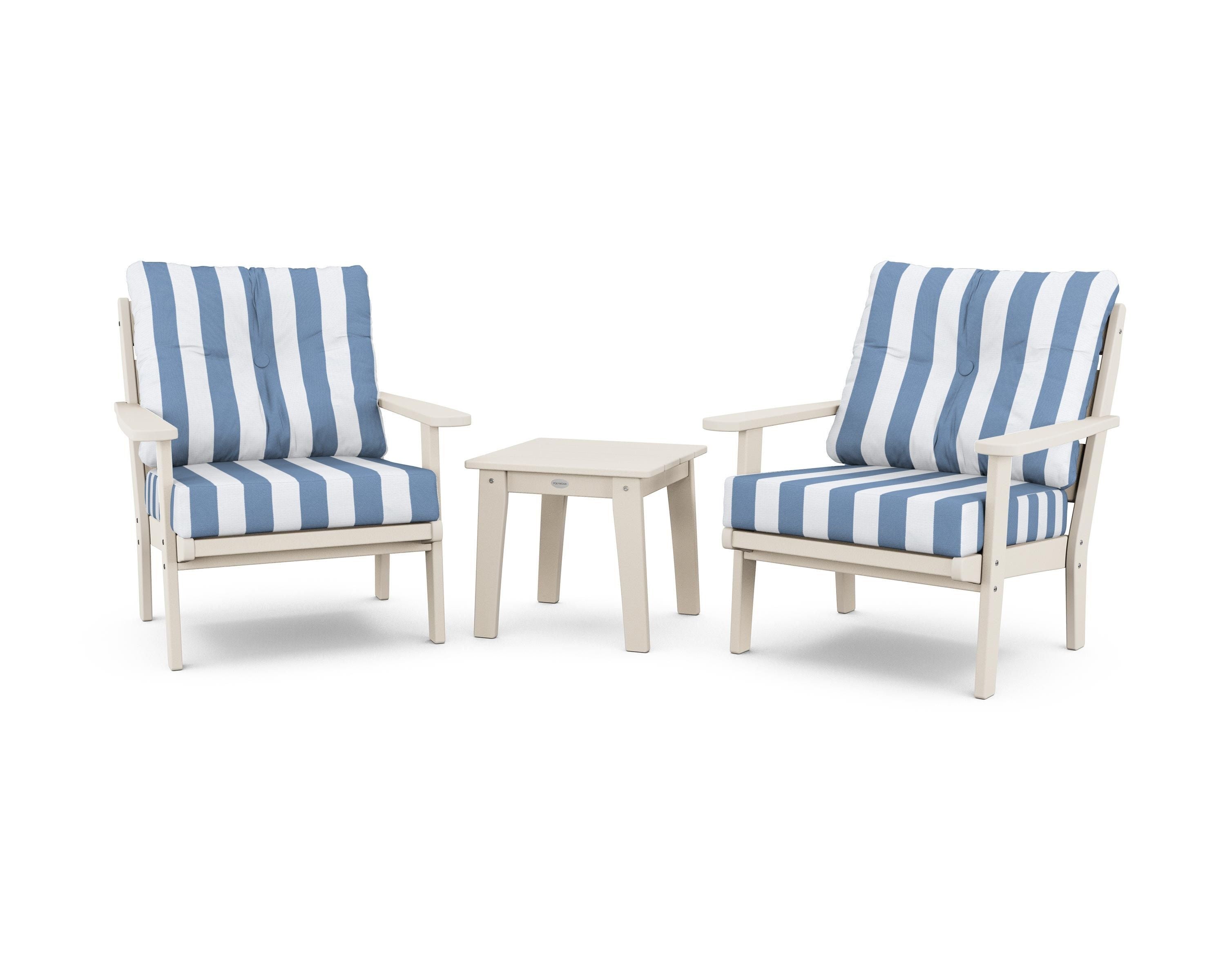 POLYWOOD® Lakeside 3-Piece Deep Seating Chair Set in Sand / Cabana Stripe Sky Blue