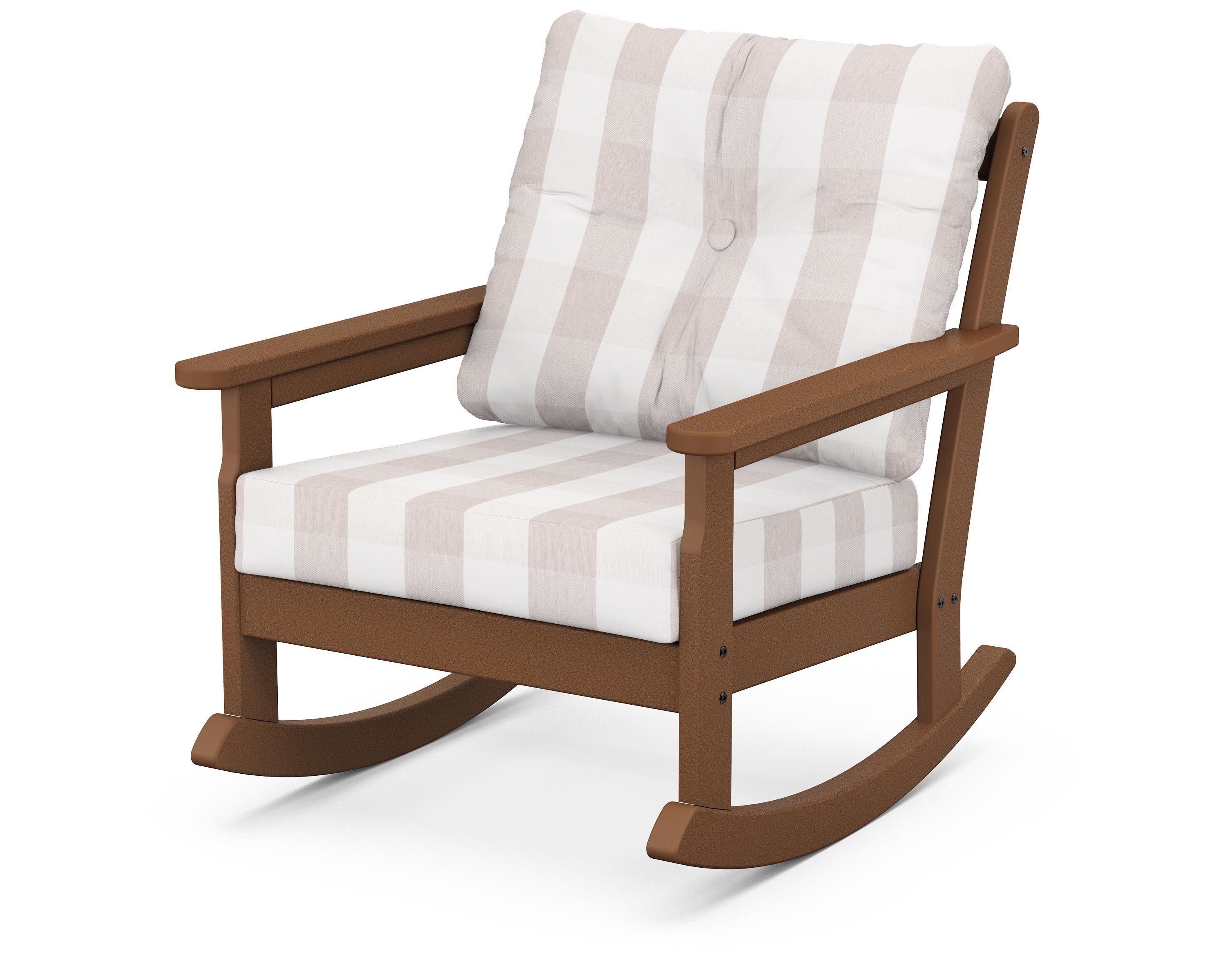 POLYWOOD® Vineyard Deep Seating Rocking Chair in Teak / Buffalo Plaid Dune Burlap