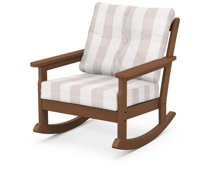 POLYWOOD® Vineyard Deep Seating Rocking Chair in Teak / Buffalo Plaid Dune Burlap
