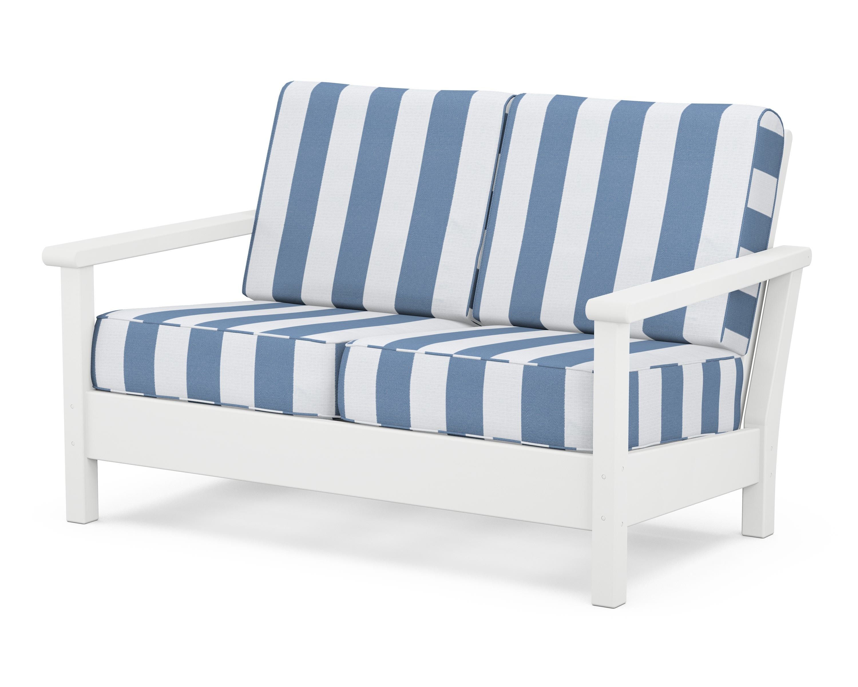 POLYWOOD® Harbour Deep Seating Loveseat in White / Cabana Stripe Sky Blue
