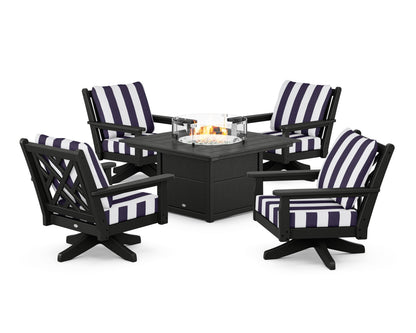 POLYWOOD® Chippendale 5-Piece Deep Seating Swivel Conversation Set with Fire Pit Table in Black / Cabana Stripe Navy