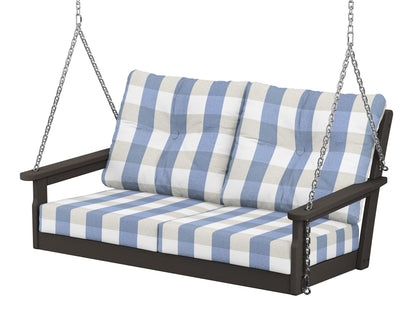 POLYWOOD® Vineyard Deep Seating Swing in Vintage Coffee / Buffalo Plaid Sky Blue