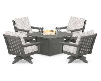POLYWOOD® Vineyard 5-Piece Deep Seating Swivel Conversation Set with Fire Pit Table in Slate Grey / Trellis Dune Burlap
