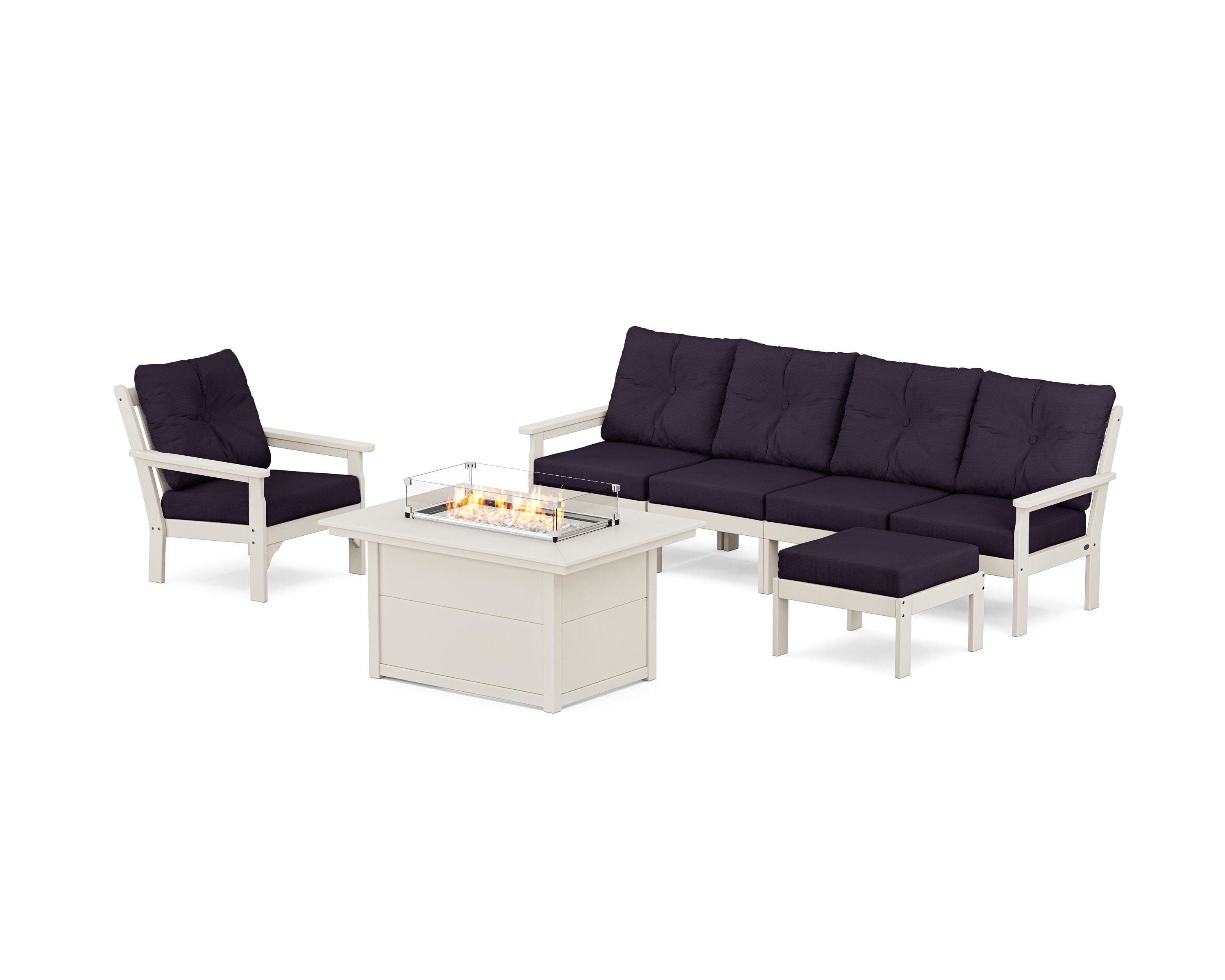 POLYWOOD® Vineyard Sectional Lounge and Fire Pit Set in Sand / Navy Linen