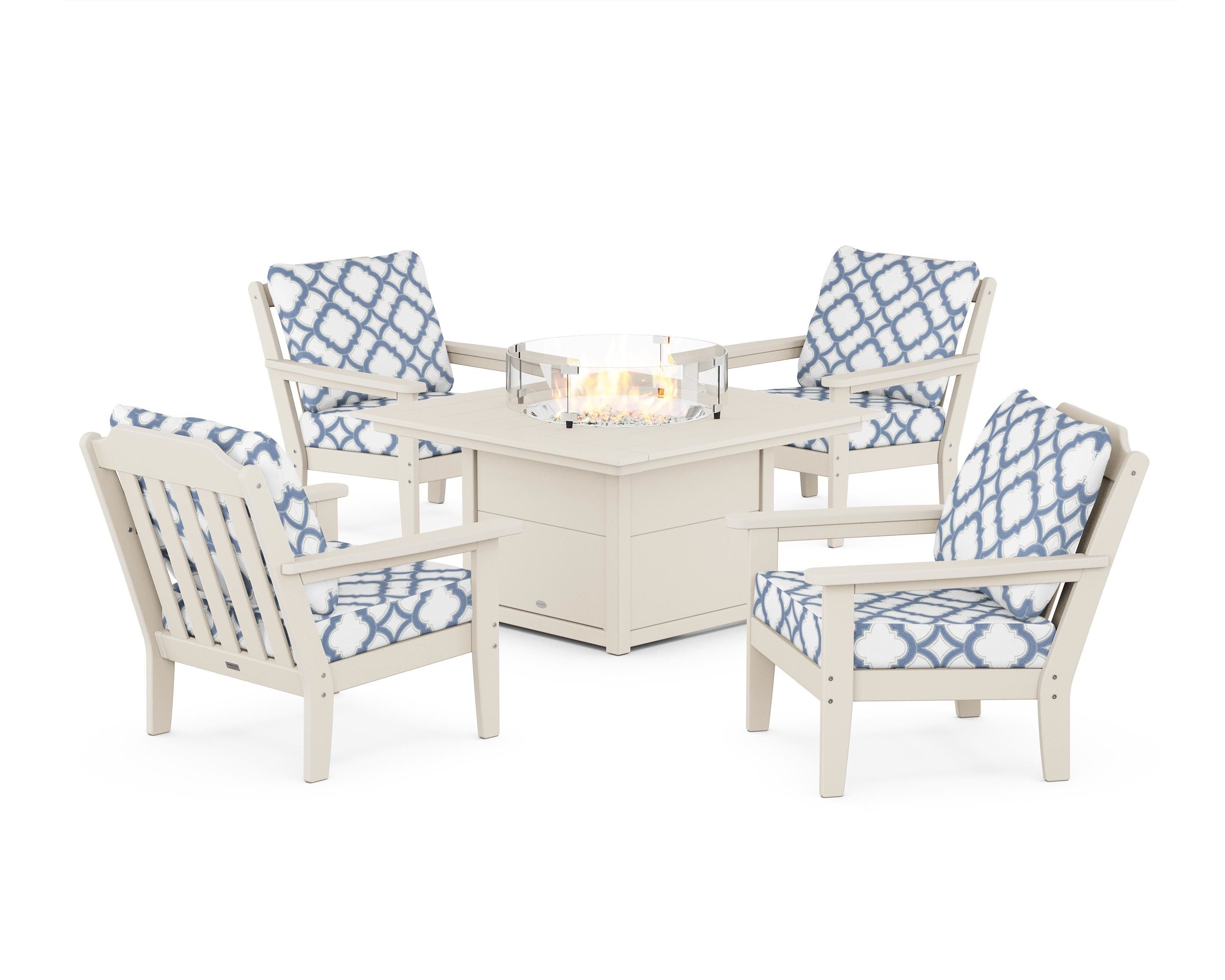 Country Living Cottage 5-Piece Deep Seating Set with Fire Pit Table in Sand / Trellis Sky Blue