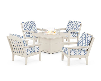 Country Living Cottage 5-Piece Deep Seating Set with Fire Pit Table in Sand / Trellis Sky Blue