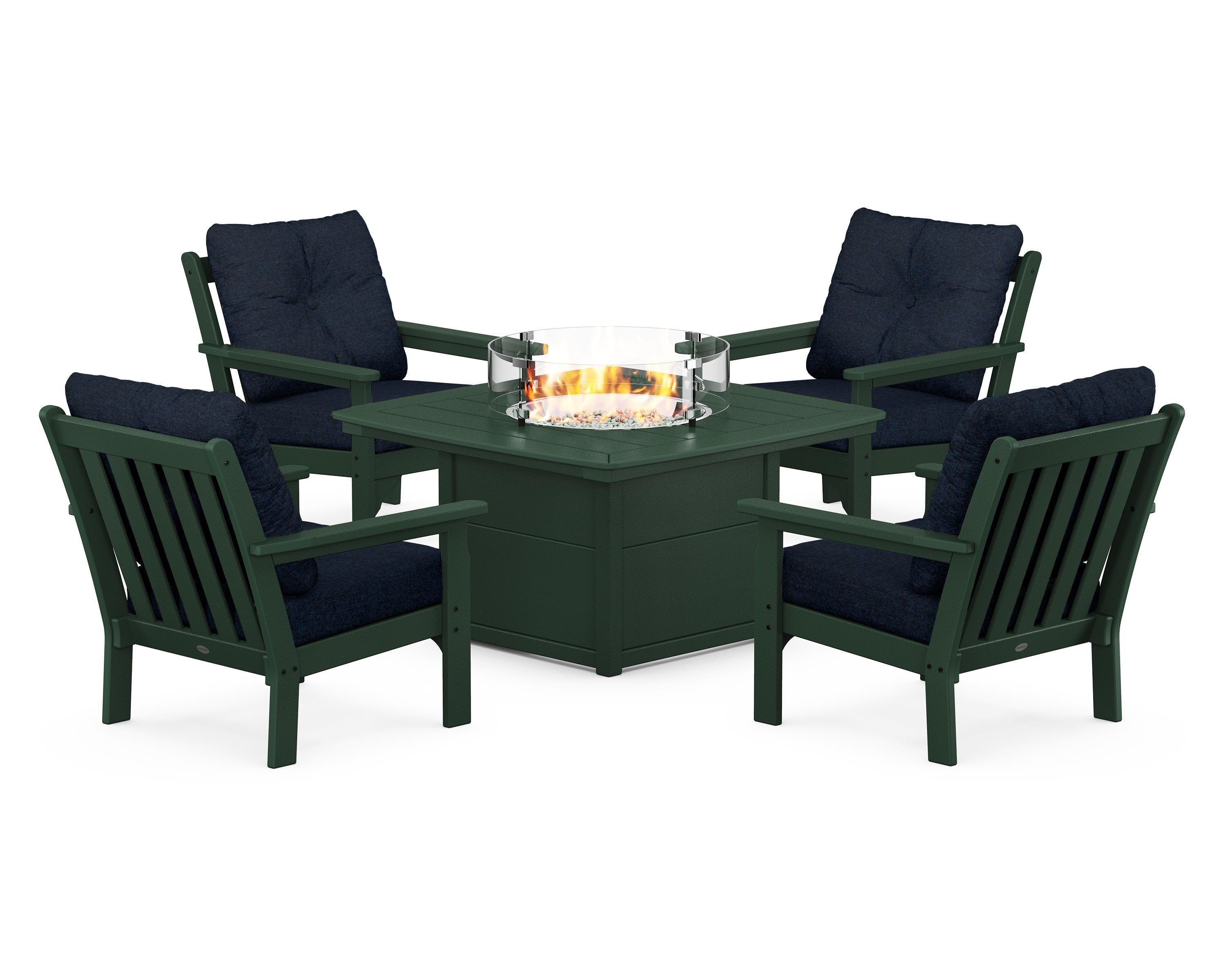POLYWOOD® Vineyard 5-Piece Conversation Set with Fire Pit Table in Green / Marine Indigo