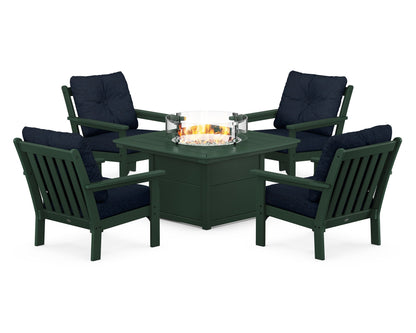 POLYWOOD® Vineyard 5-Piece Conversation Set with Fire Pit Table in Green / Marine Indigo