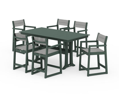 POLYWOOD® EDGE Sling Arm Chair 7-Piece Farmhouse Counter Set with Trestle Legs in Green / Metallic Sling