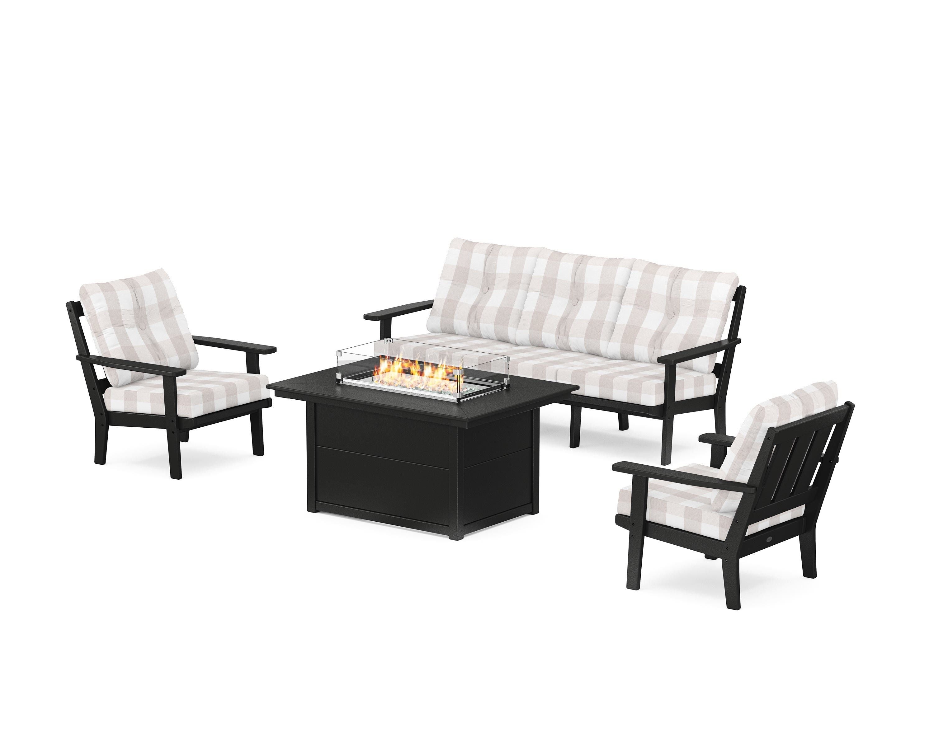 POLYWOOD® Oxford Deep Seating Fire Pit Table Set in Black / Buffalo Plaid Dune Burlap