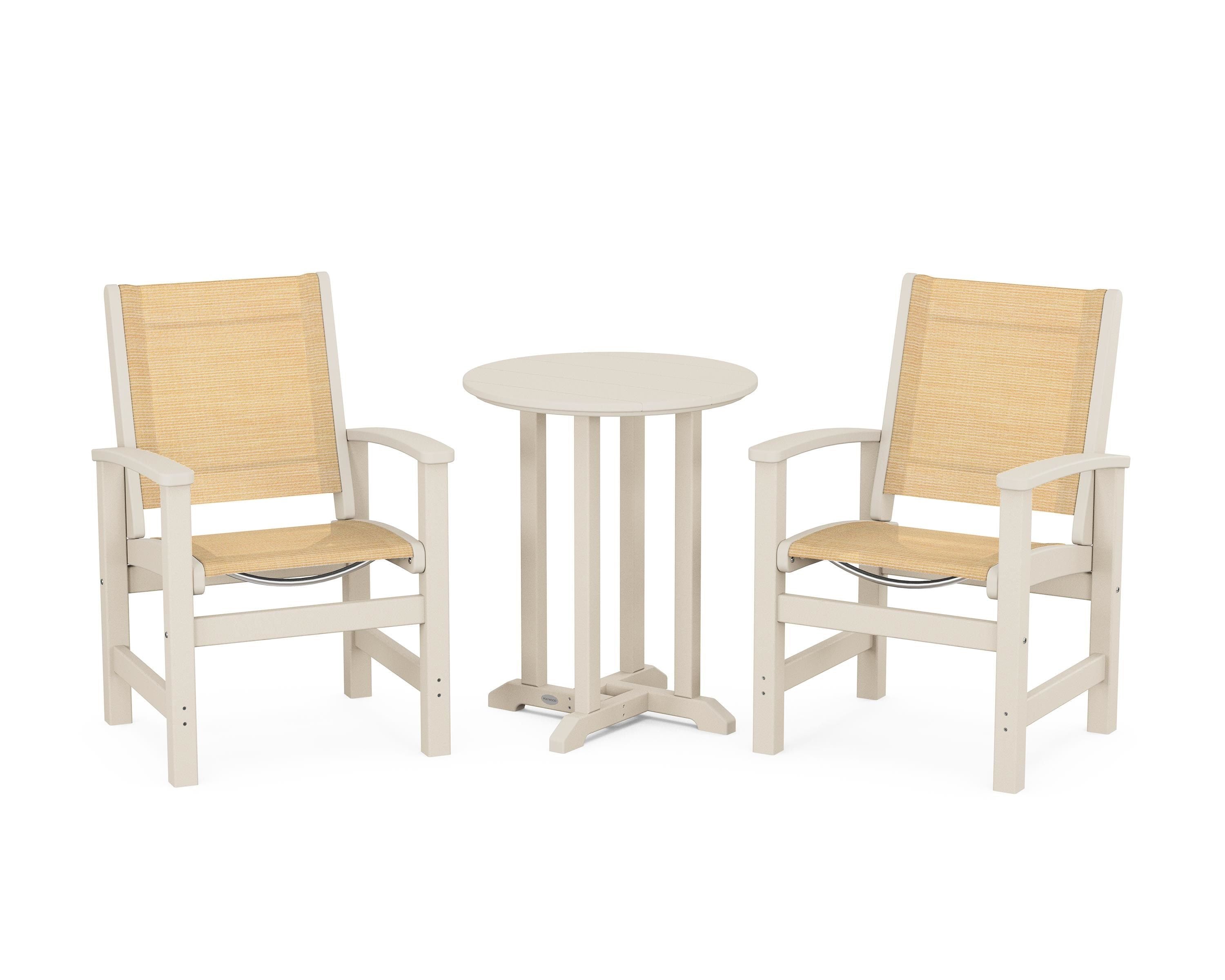 POLYWOOD® Coastal 3-Piece Round Bistro Dining Set in Sand / Dupioni Apricot Sling