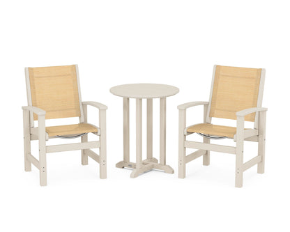 POLYWOOD® Coastal 3-Piece Round Bistro Dining Set in Sand / Dupioni Apricot Sling