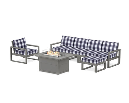 POLYWOOD® EDGE Sectional Lounge and Fire Pit Set in Slate Grey / Buffalo Plaid Navy