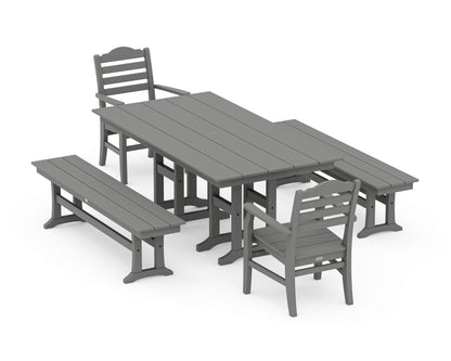 POLYWOOD® Savannah 5-Piece Farmhouse Dining Set with Benches in Slate Grey